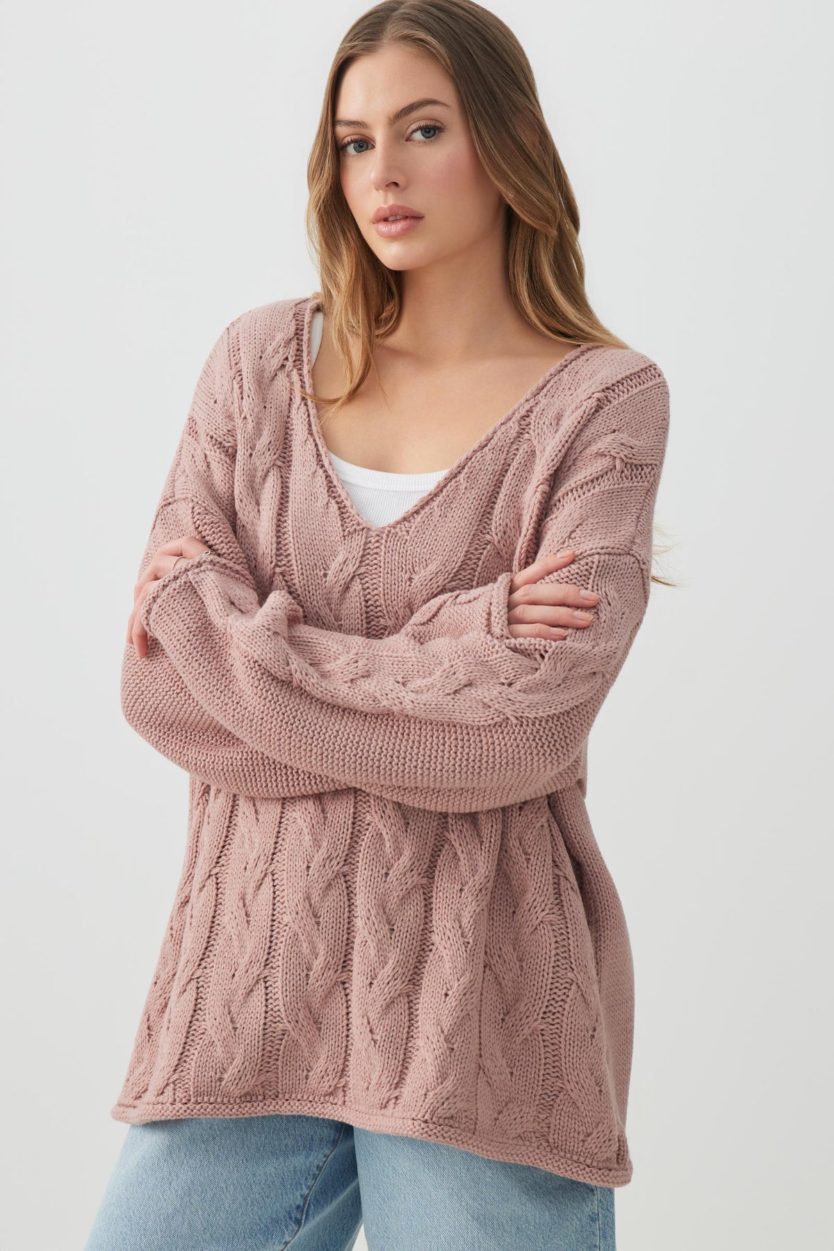 Oversized Cable Knit V-Neck Sweater