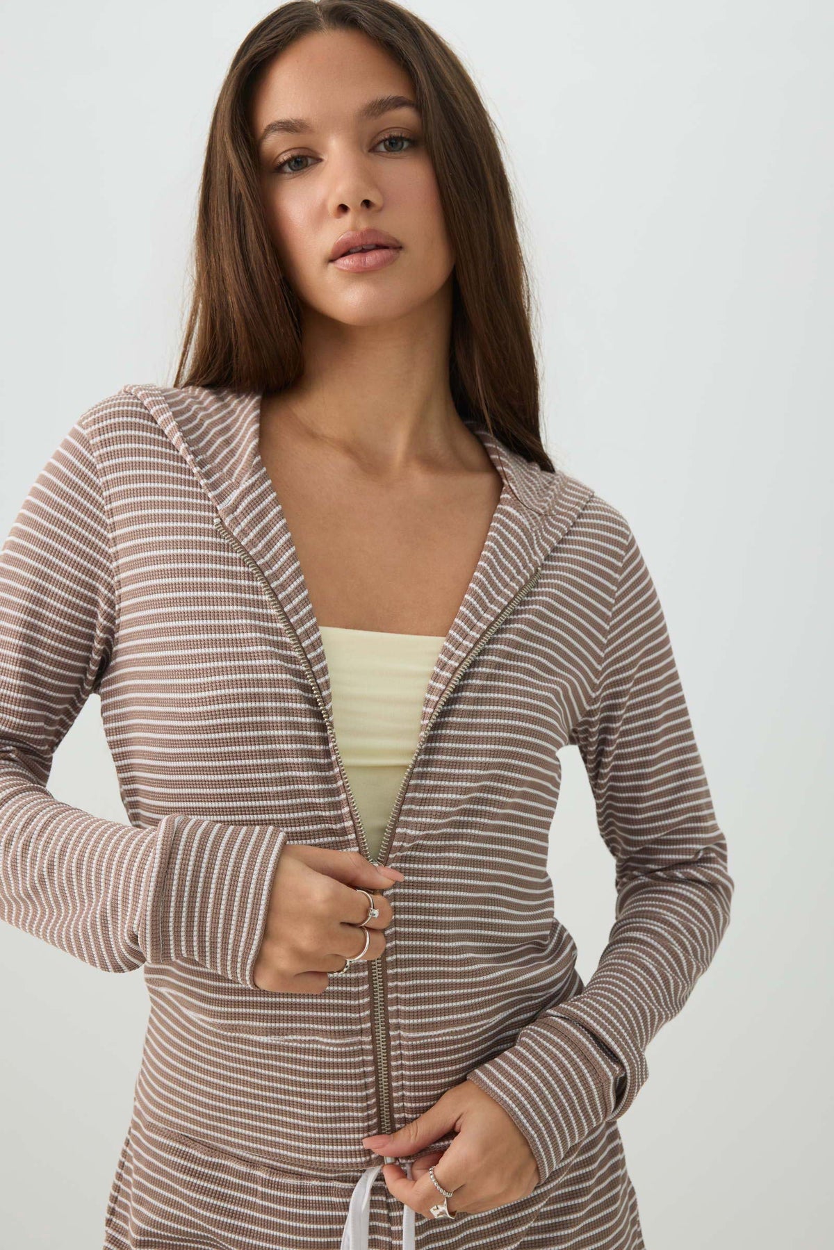 Waffle Hooded Front Zipper Top