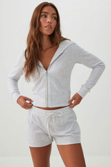 Waffle Hooded Front Zipper Top