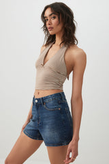 High Rise Denim Midi Shorts