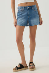 High Rise Denim Midi Shorts