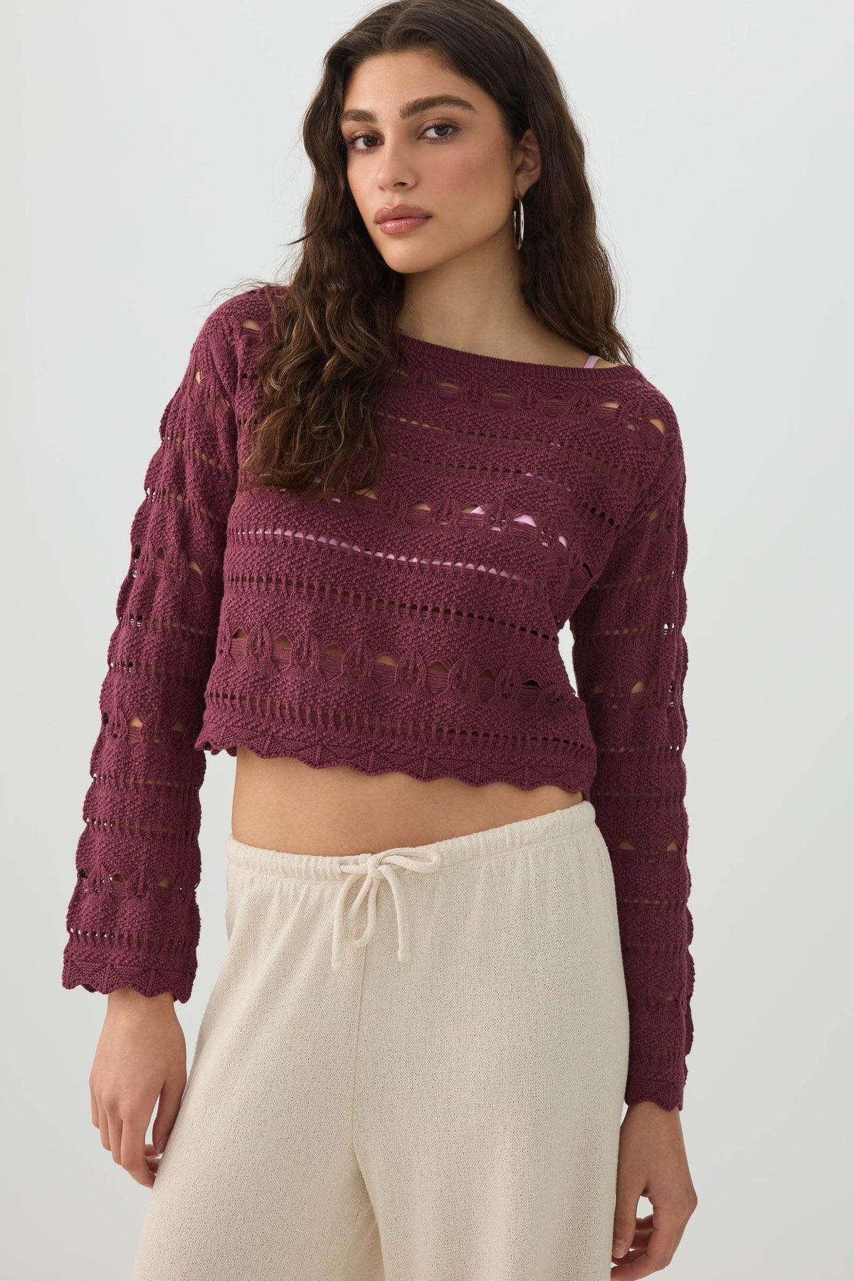 Crop Open Stitch Boat Neck Sweater