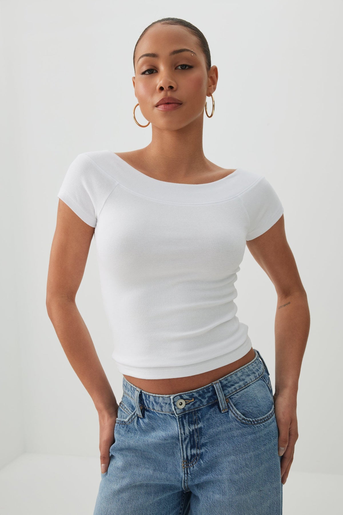 Cropped Boat Neck Rib T-Shirt