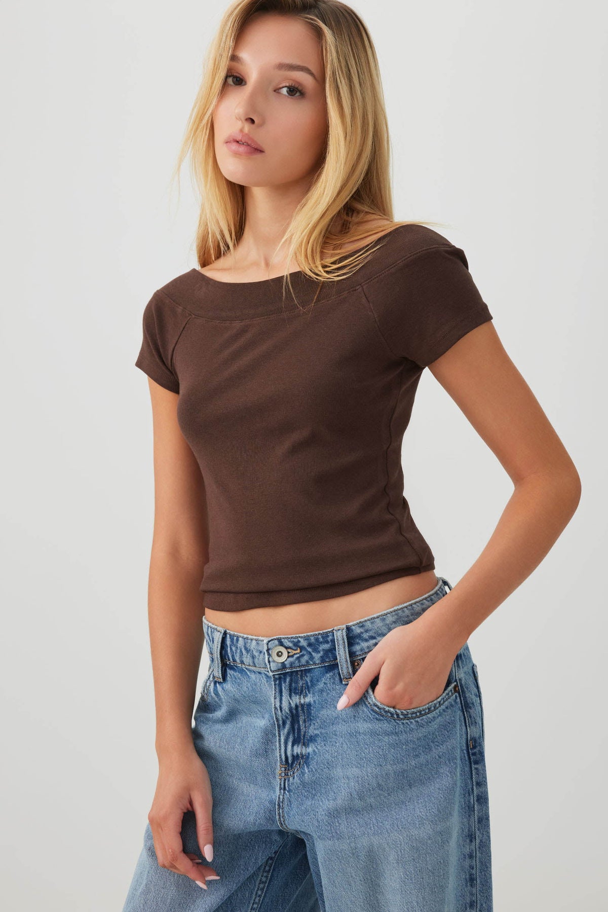 Cropped Boat Neck Rib T-Shirt