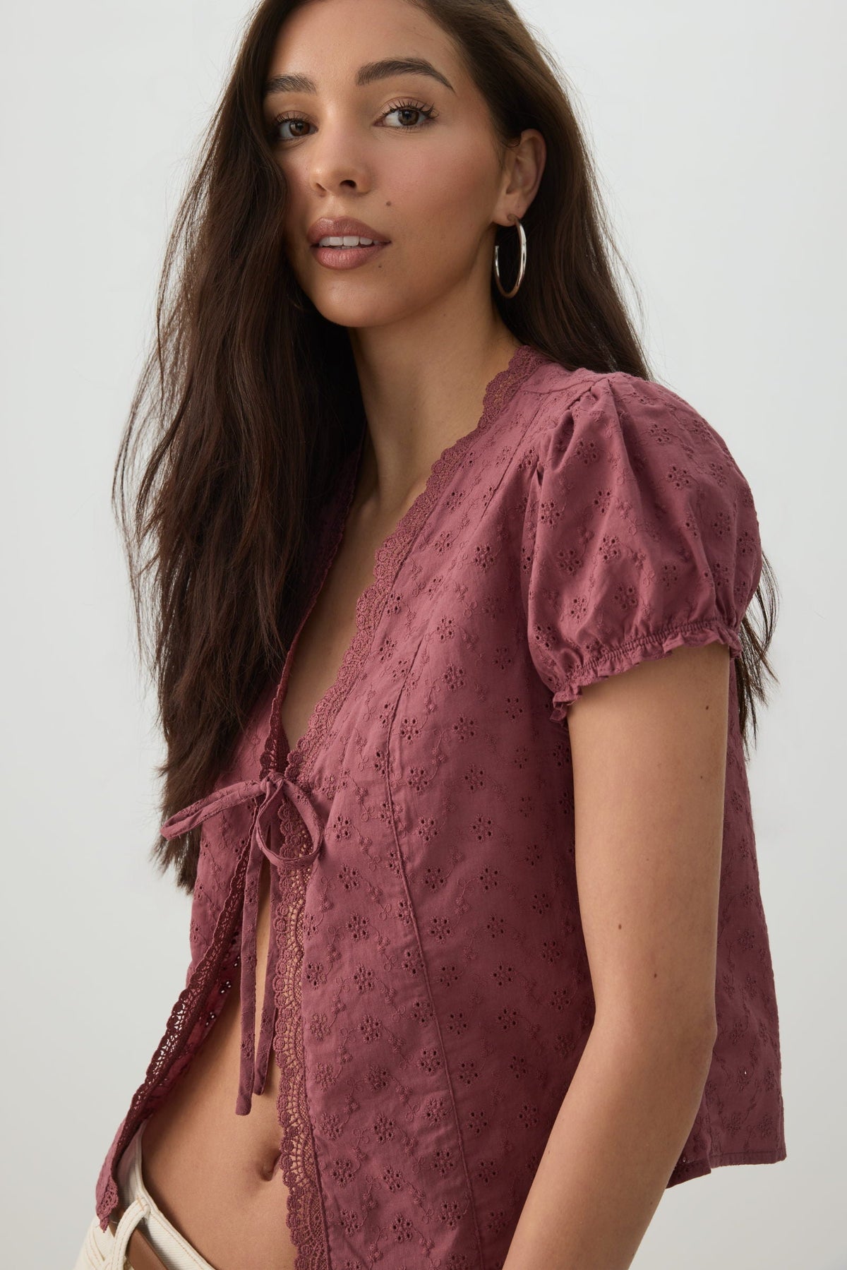 Eyelet Tie Front Top
