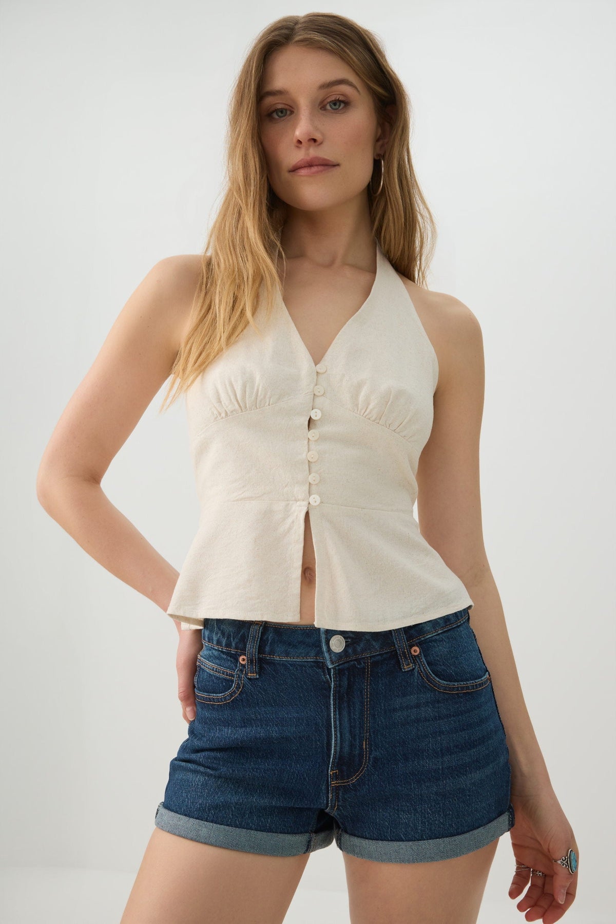 High Rise Denim Cuffed Short Shorts