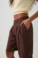 Linen Blend Mid Rise Bermuda Shorts