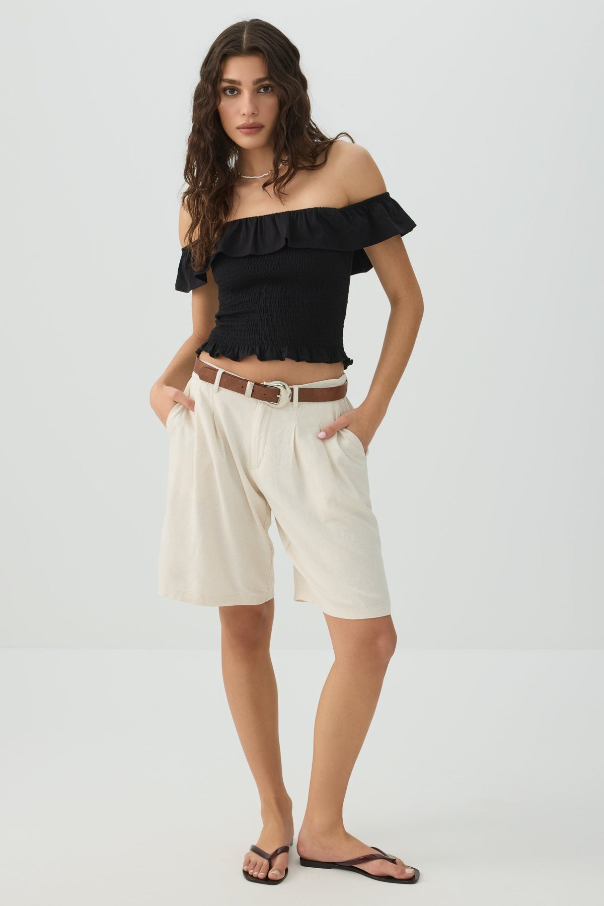 Linen Blend Mid Rise Bermuda Shorts