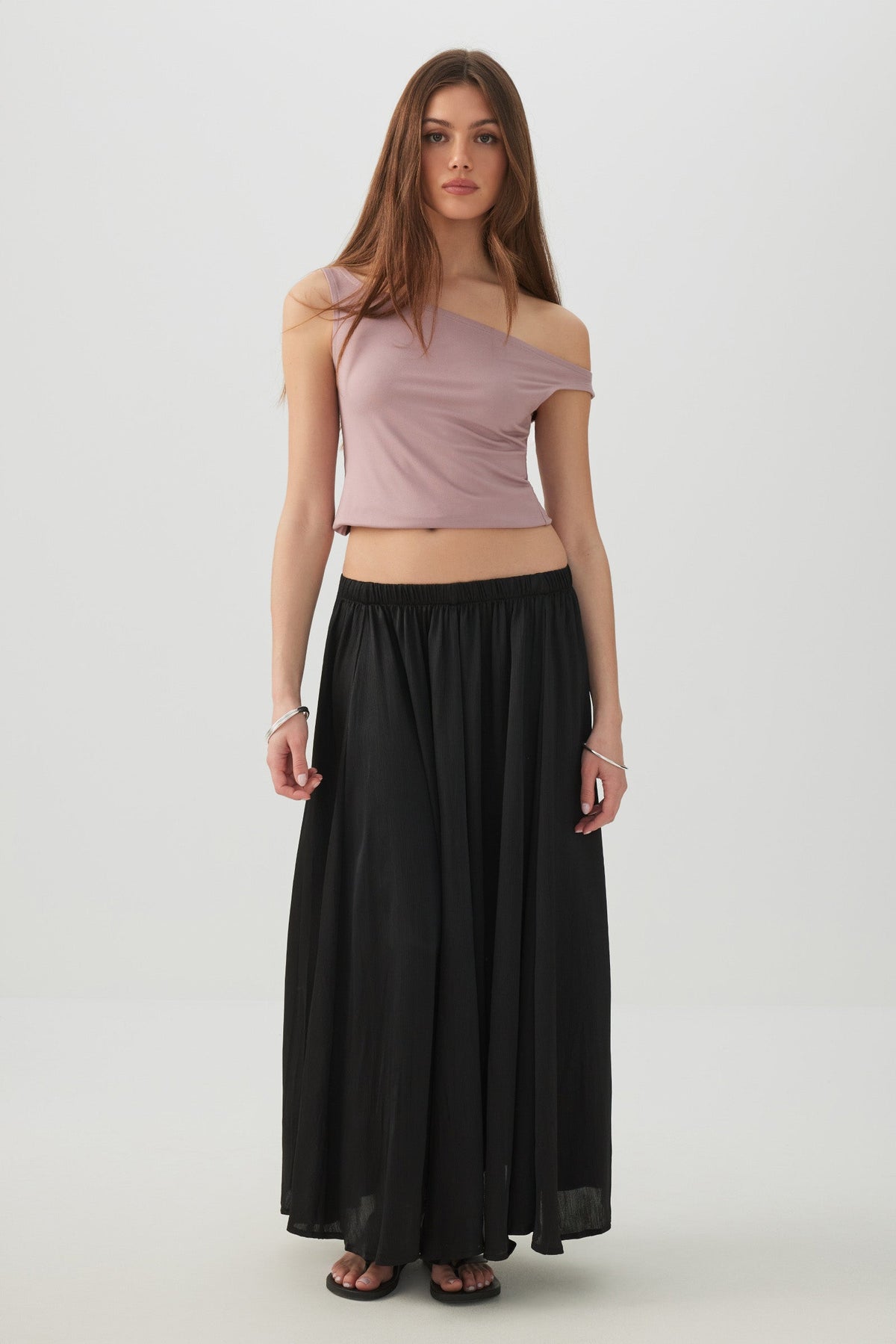 Crinkled Satin Maxi Pleated Skirt