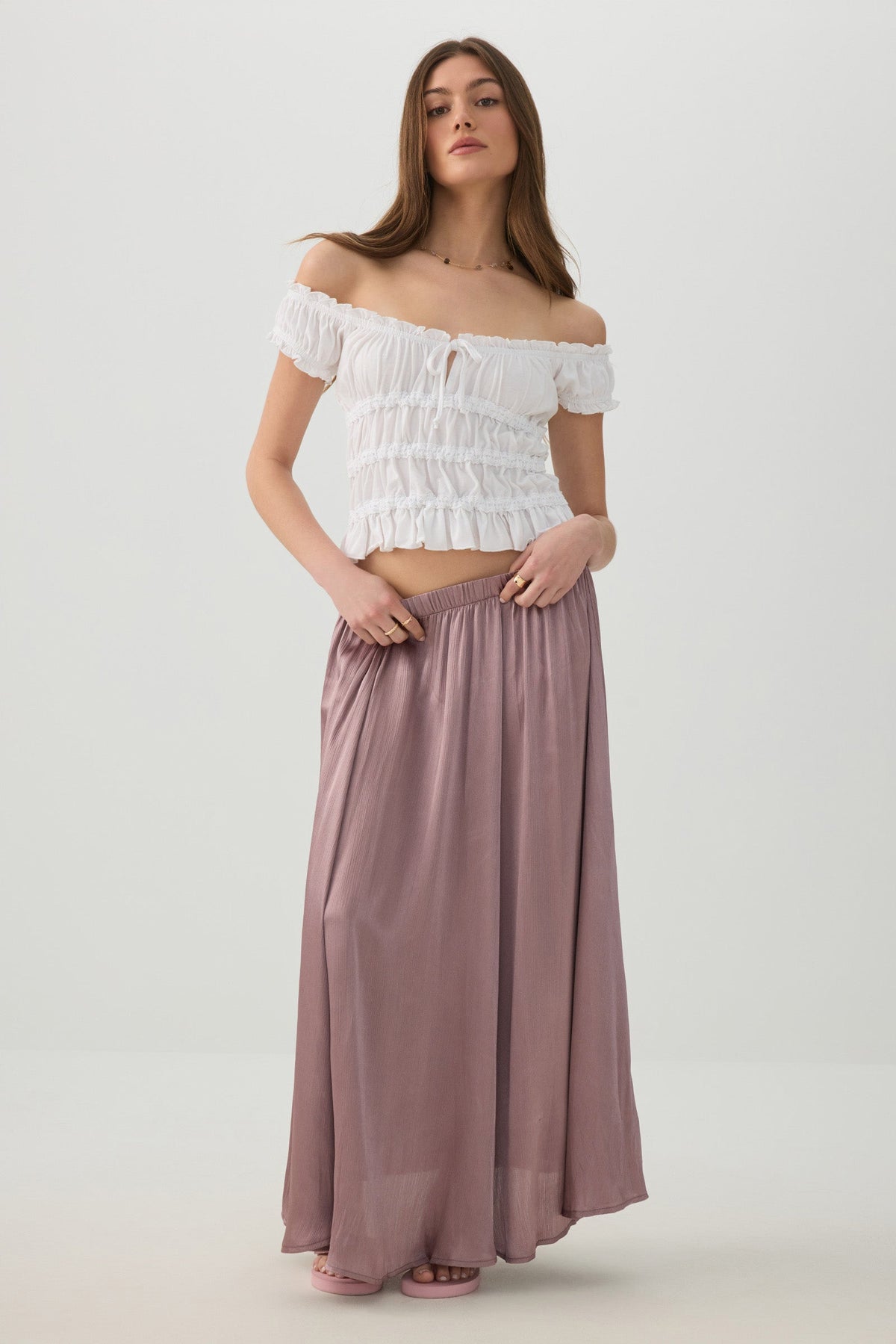Crinkled Satin Maxi Pleated Skirt