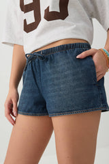 Mid Rise Denim Drawstring Short Shorts