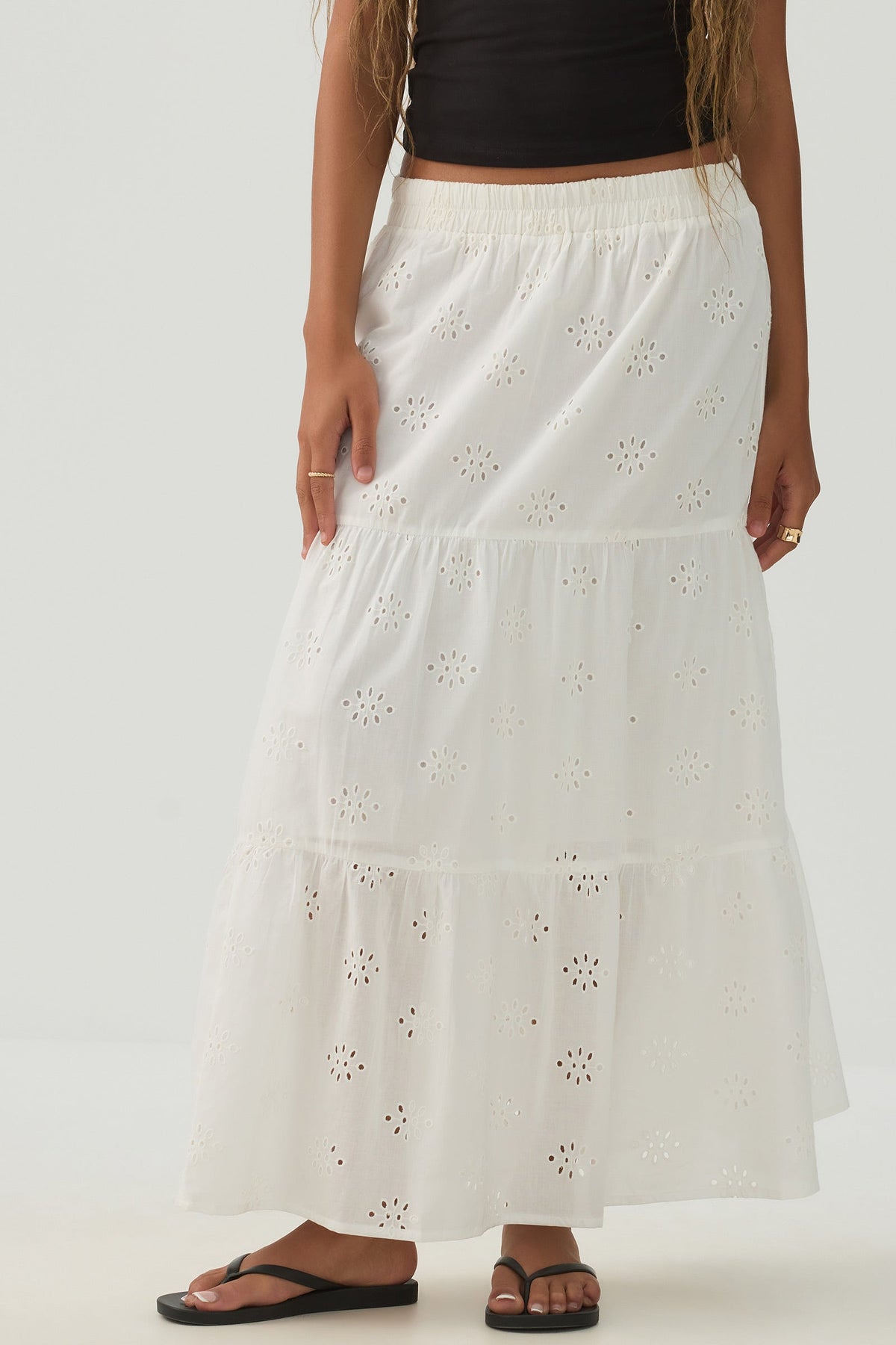 Eyelet Tiered Midi Skirt