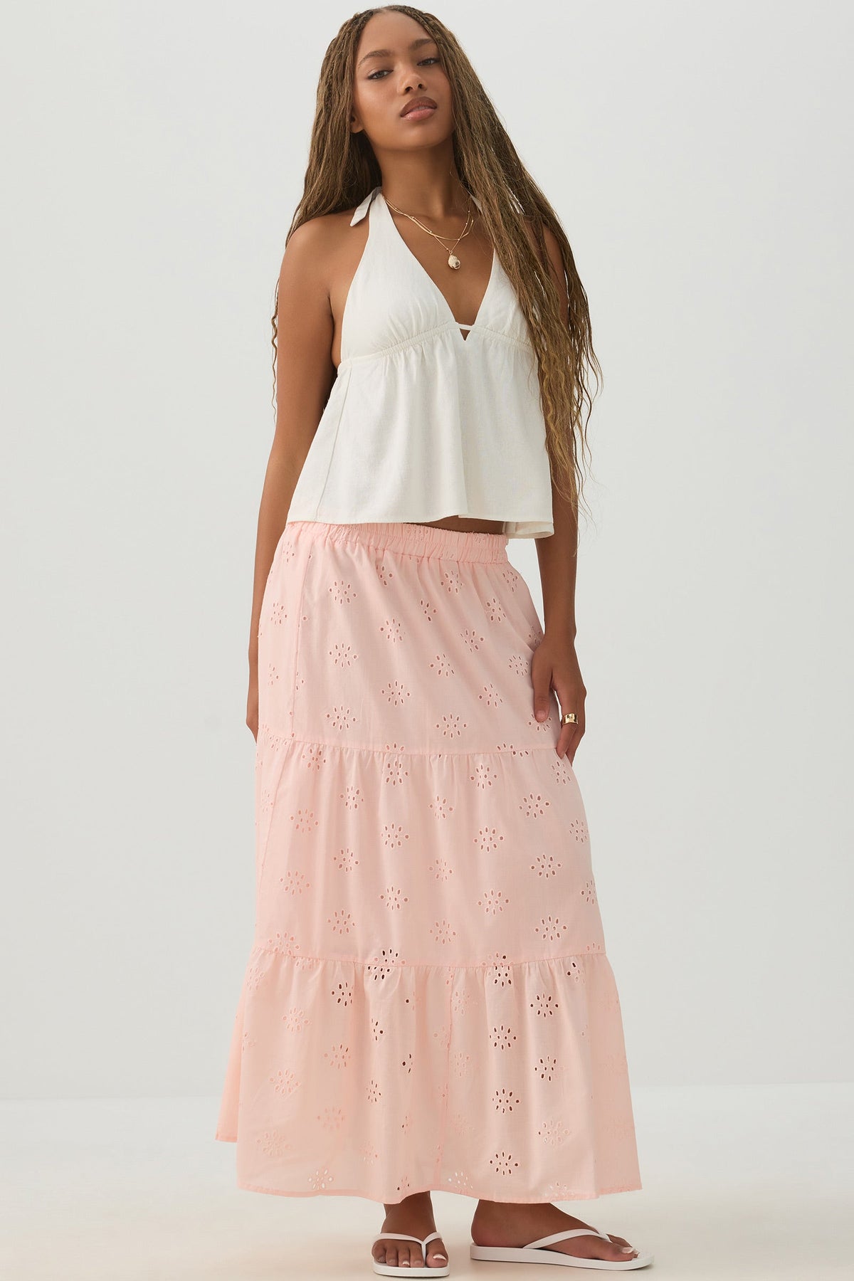 Eyelet Tiered Midi Skirt