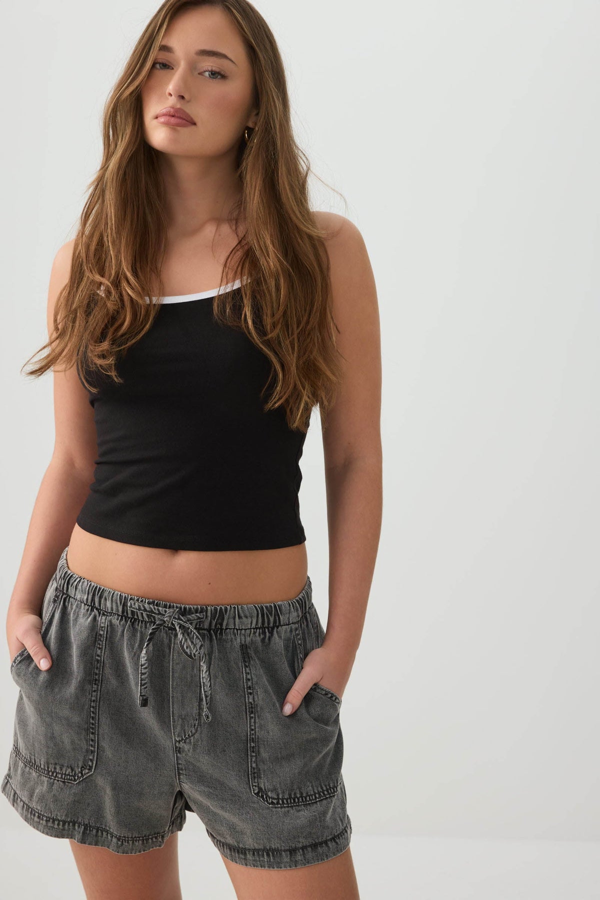 Denim Mid Rise Shorts with Patch Pockets