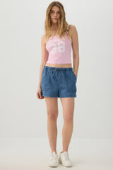 Denim Mid Rise Shorts with Patch Pockets