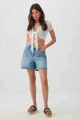 Mid Rise Denim Relaxed Bermuda Shorts