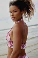 Triangle Halter Bikini Top with Smocked Band