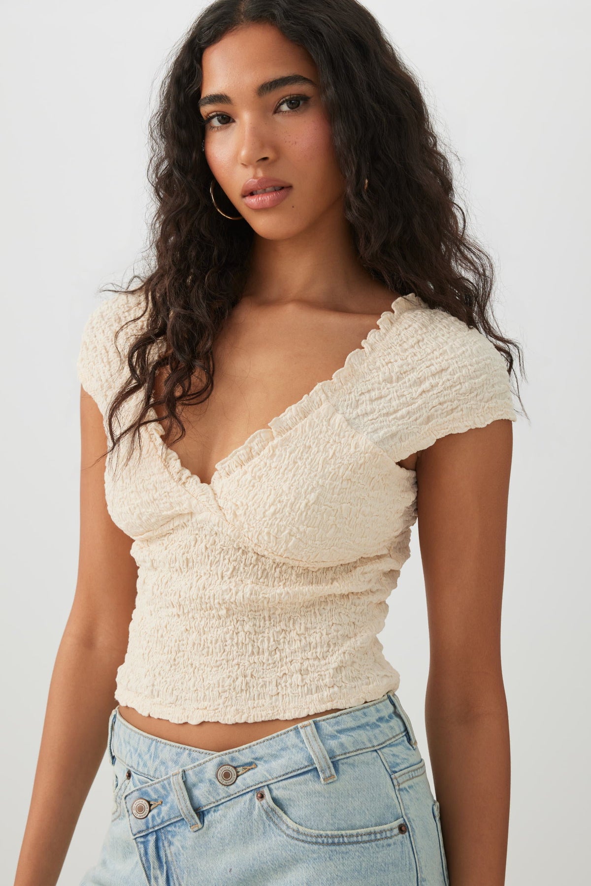 Textured V-Neck Cropped Top