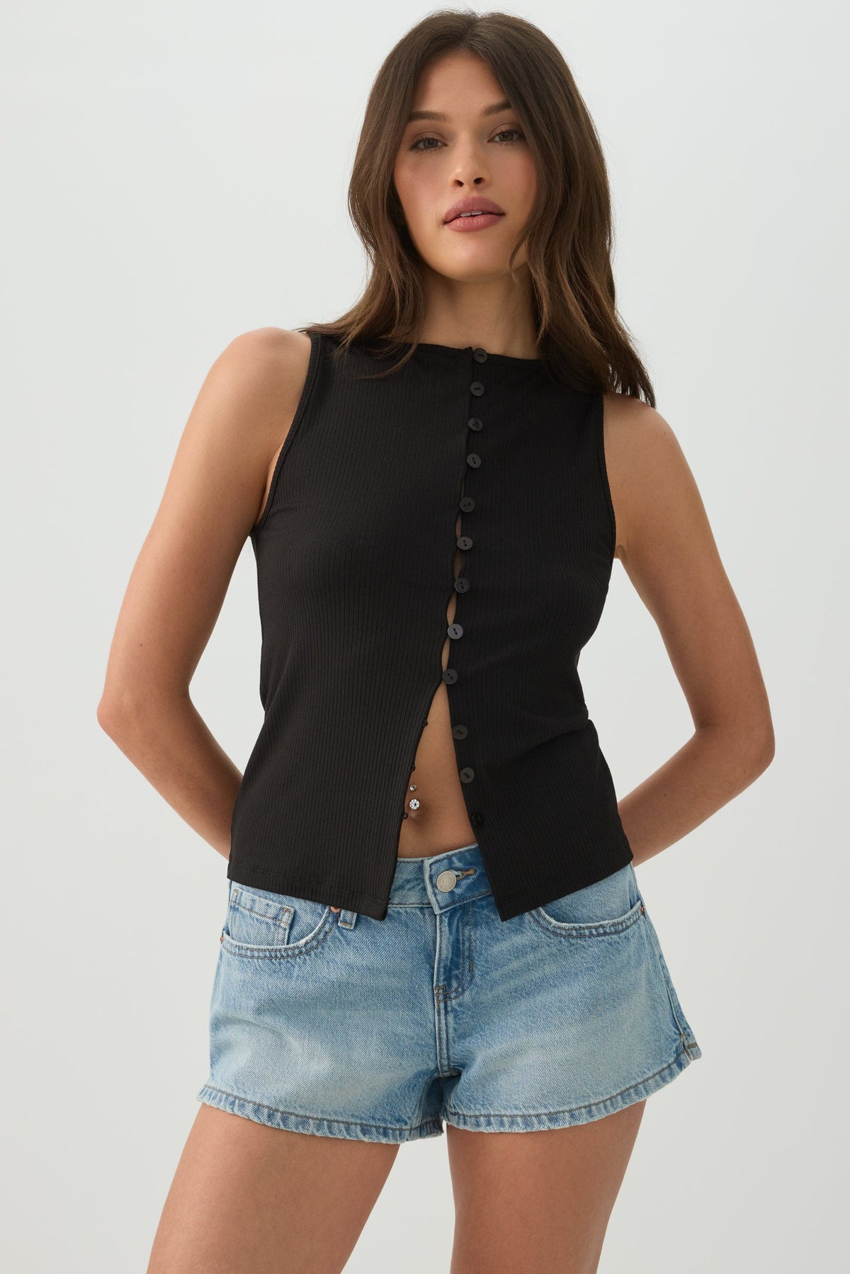 Button Front Rib Tank Top