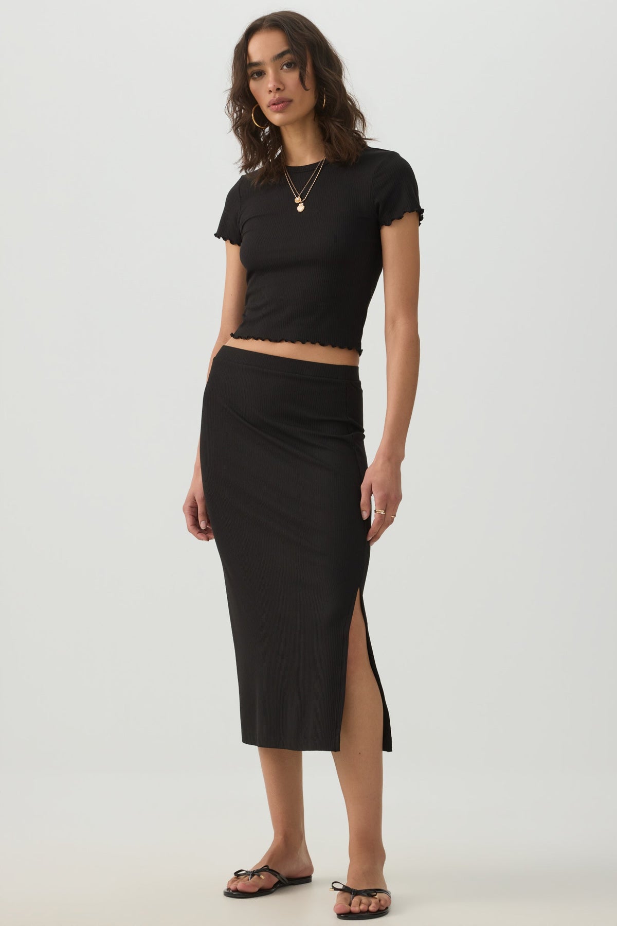 Midi Rib Side Slit Skirt