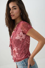 Floral Mesh Tie Front Top