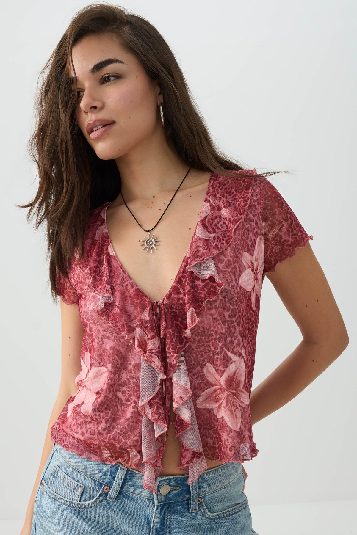 Floral Mesh Tie Front Top