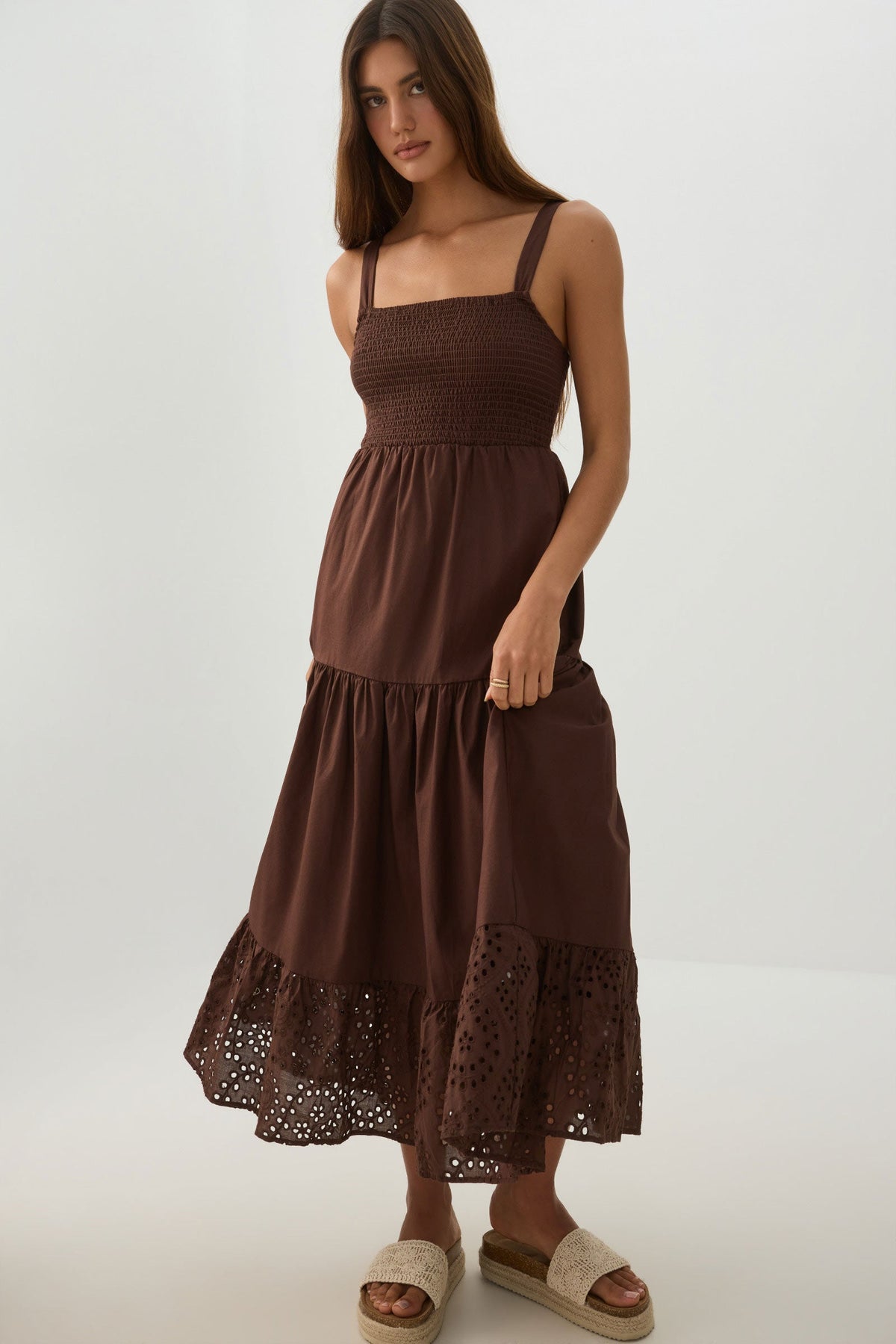 Eyelet Tiered Smocked Maxi Dress