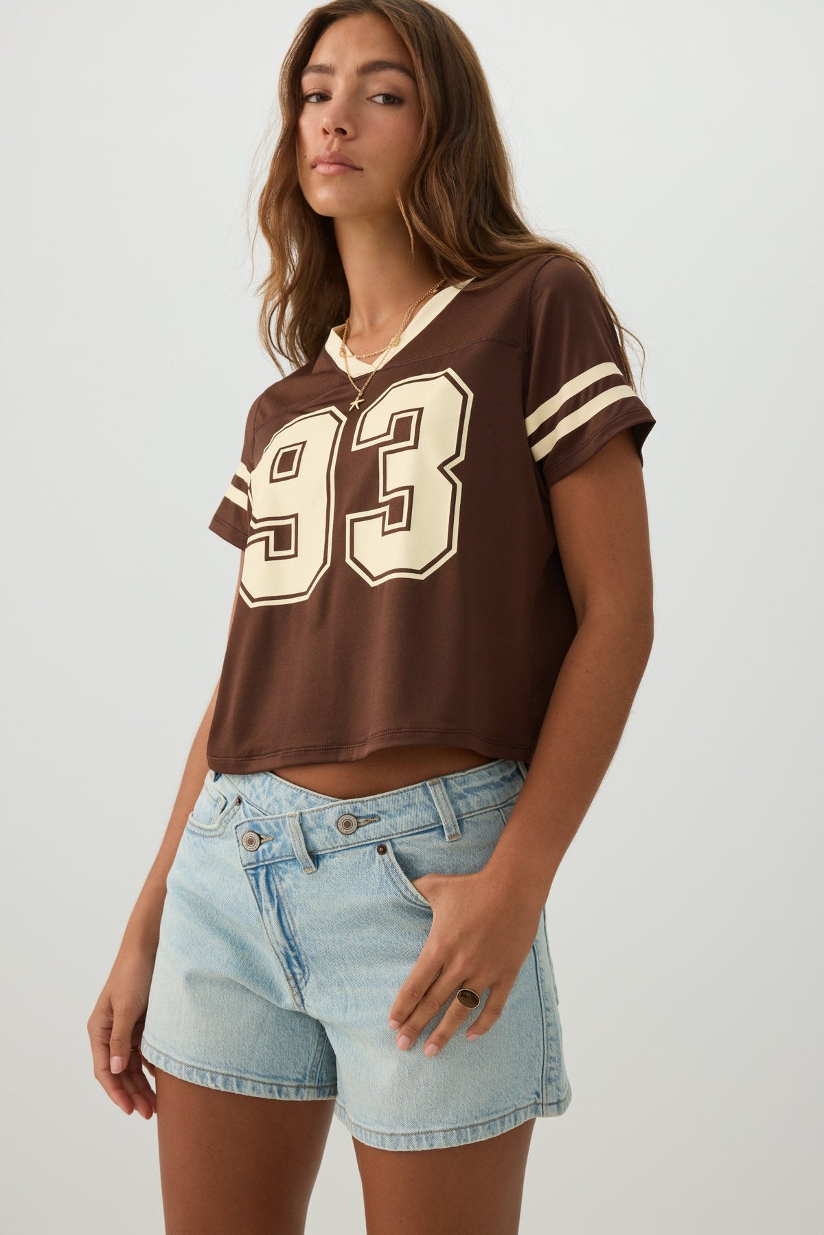 High Rise A-Line Crossover Denim Shorts