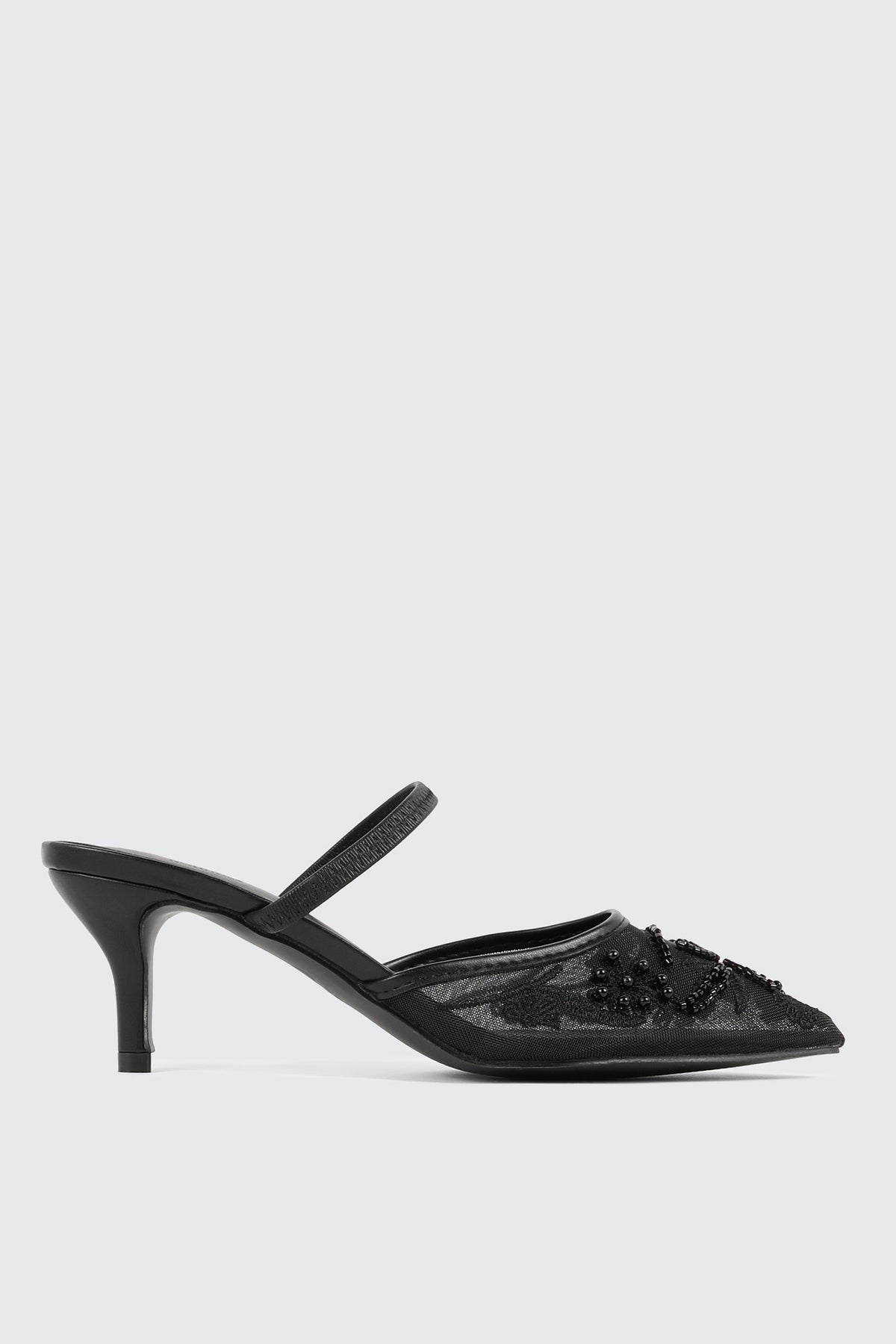 Embroidered Mesh Mule Heels
