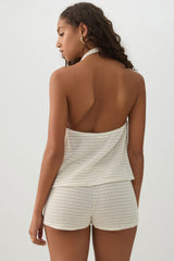 Textured Knit Tie Front Halter Tank Top