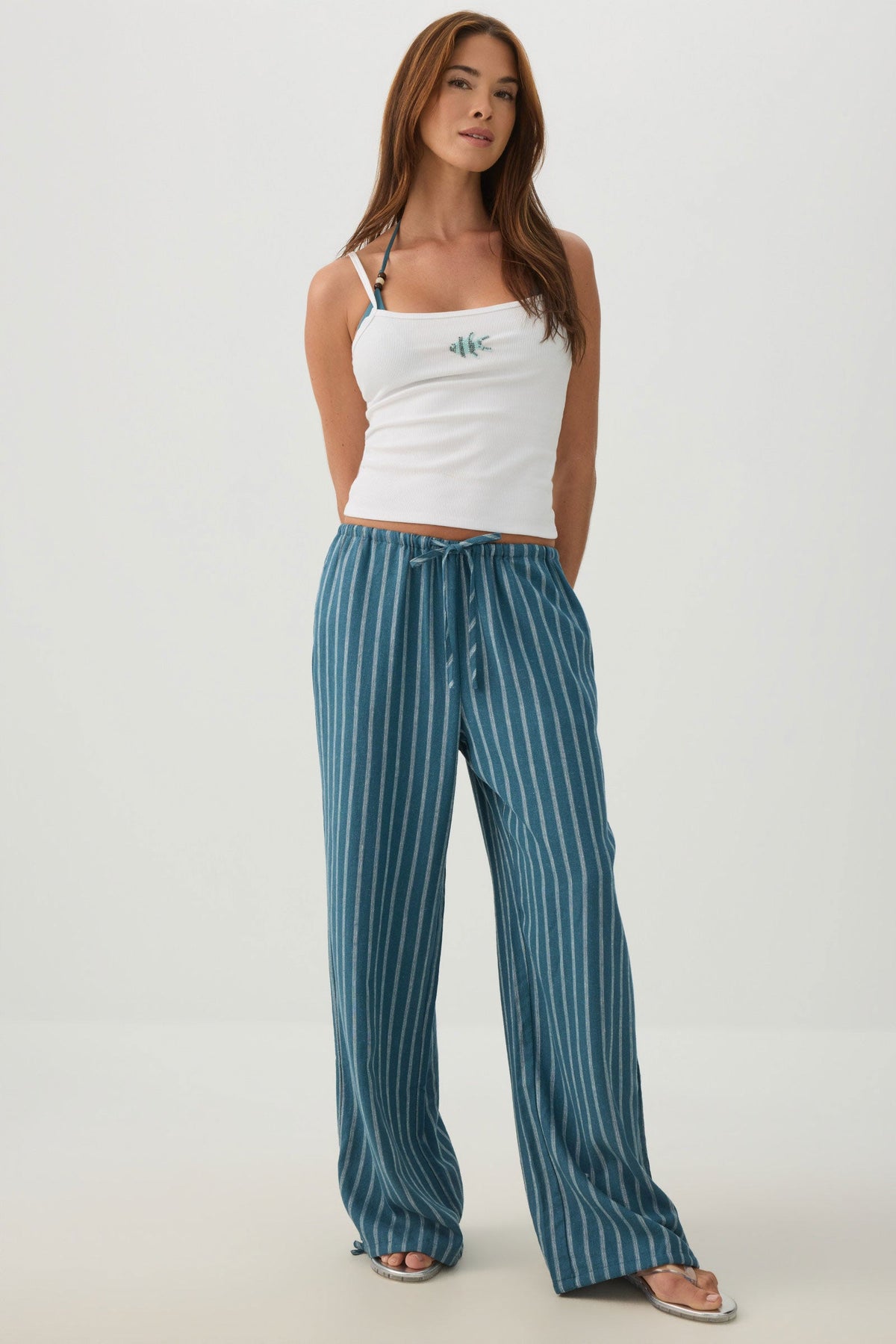 Linen Blend Wide Leg Pant with Tie Hem