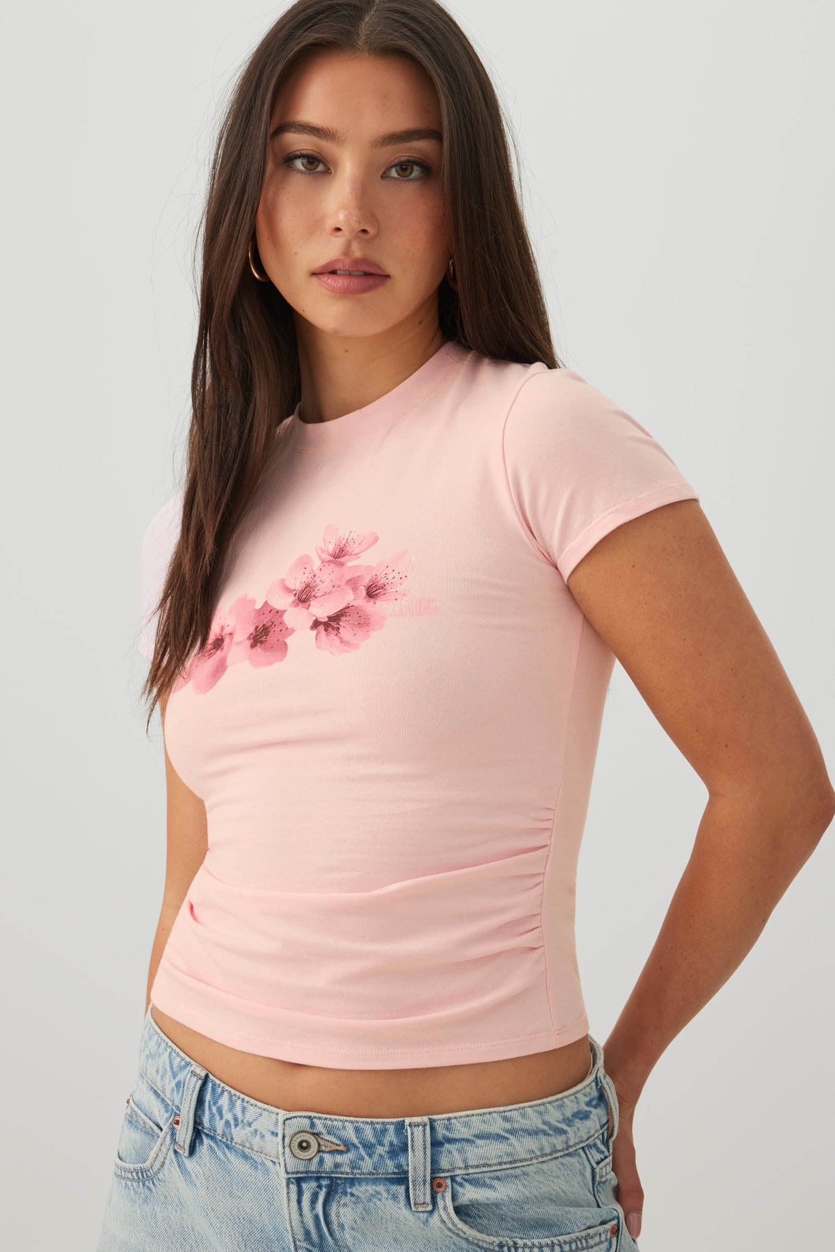 Pink Flower Print Ruched T-Shirt