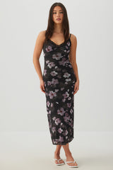Floral Lace Trim Mesh Maxi Dress