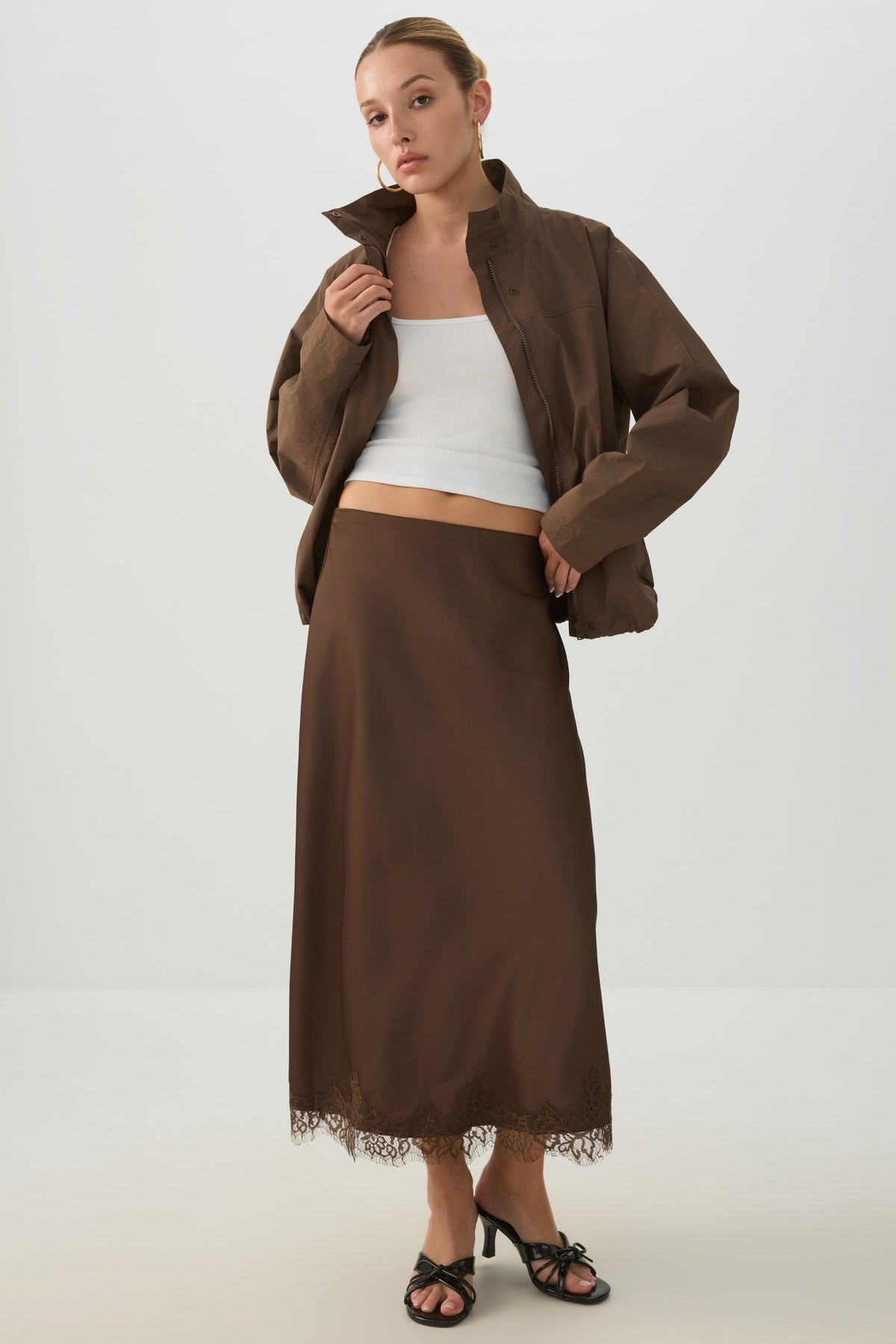 Satin Lace Trim Maxi Skirt