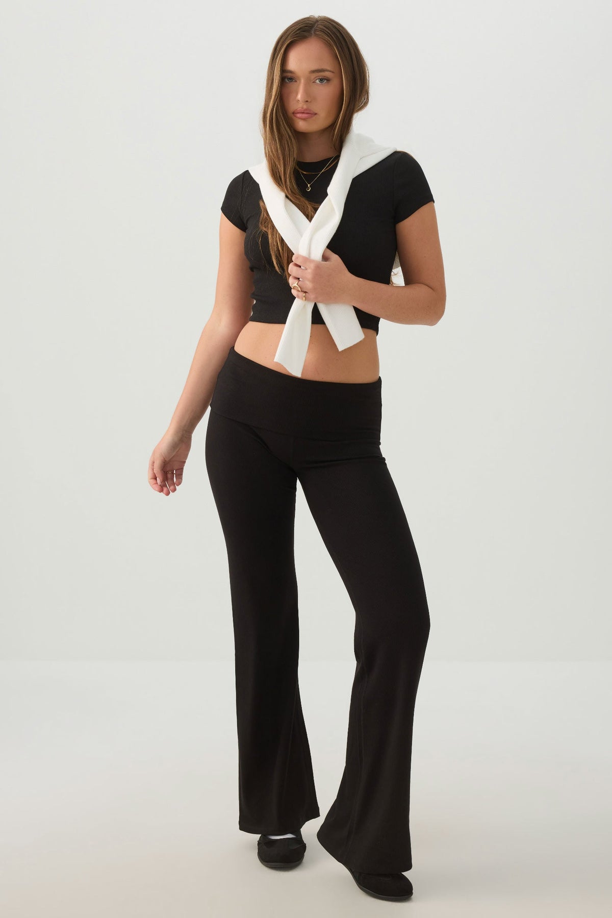 Rib Fold Over Waist Flare Leggings